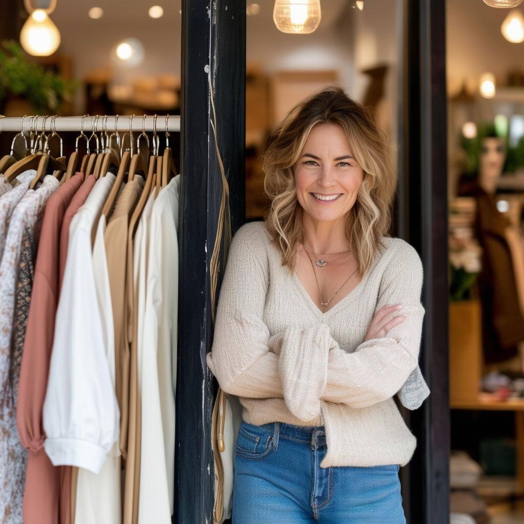 Boutique retail clothing owner out the front of her store