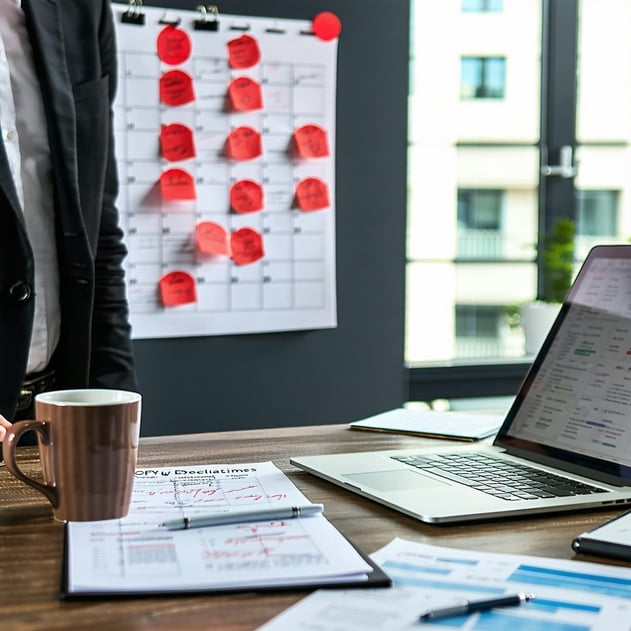 The image depicts a modern office setting with a sleek desk cluttered with papers a laptop and a coffee cup On the wall behind a large calendar is prominently displayed marking important EOFY deadlines in bright red circles A financial advisor dresse