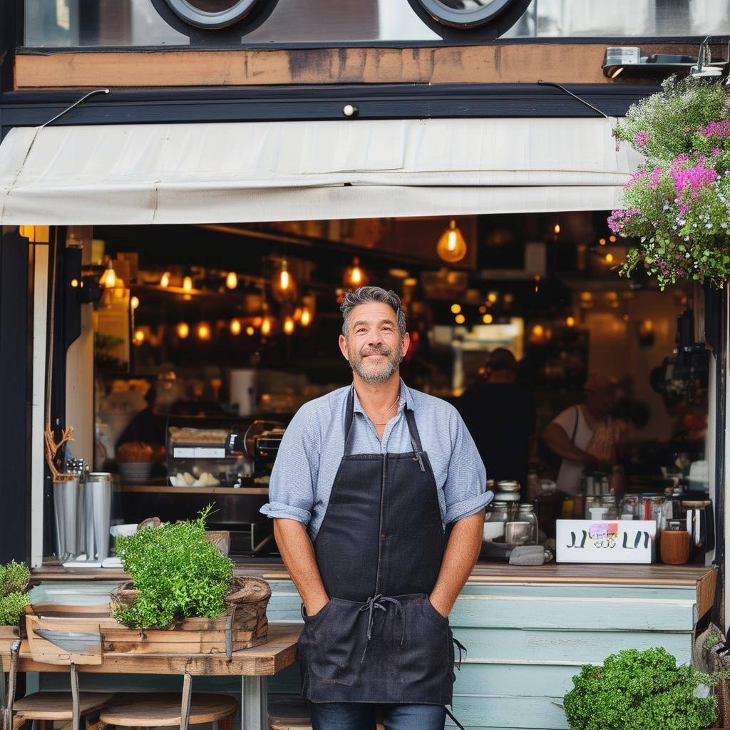 small business owner standing out front of his cafe